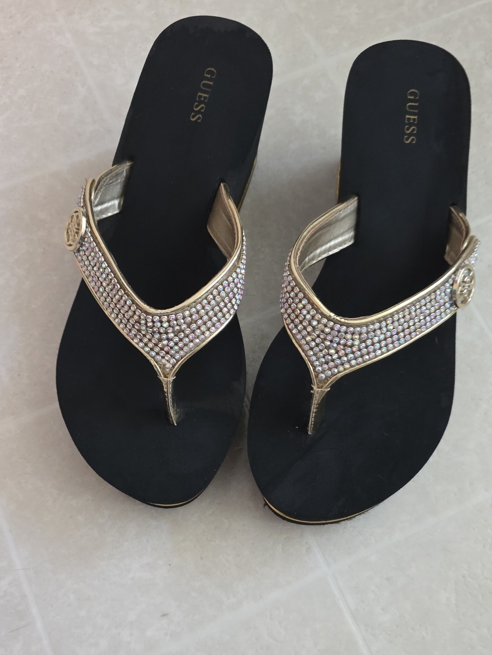 GUESS Black and Gold Crystal Embellished Thong Sandals